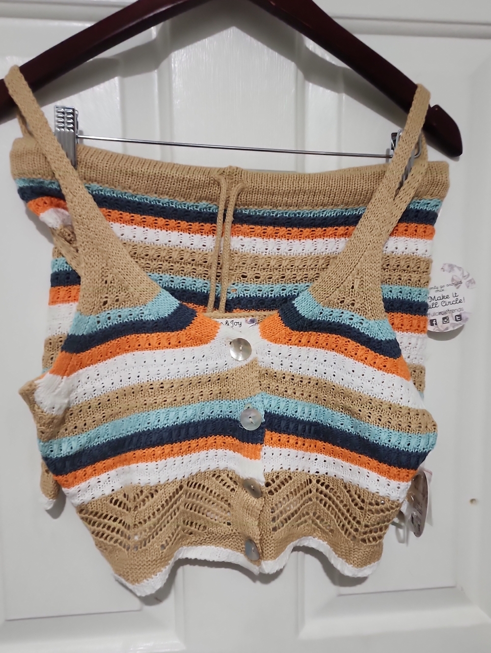 Striped Crochet Set Button-Front Crop Top in Tan, White, Orange & Teal